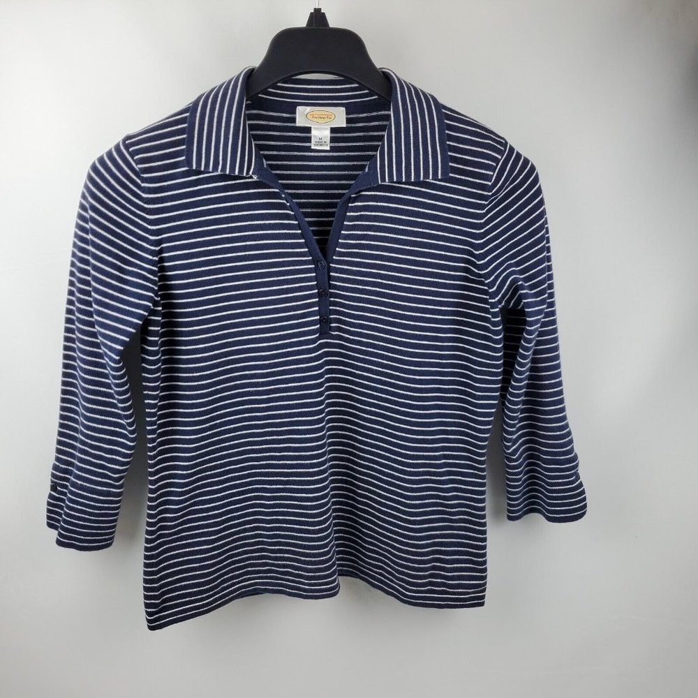 Talbots Womens Tunic Top Long Sleeve Pullover 1/2 Button Blue White Lines Medium